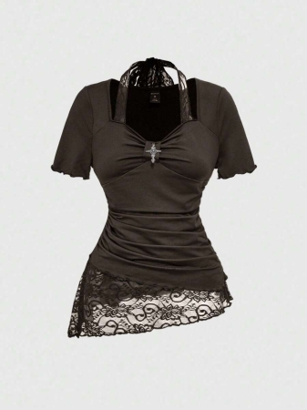 ROMWE Women's Lace Patchwork Asymmetrical Hem Lace Trim Halter Tie Waist T-Shirt - Image 7