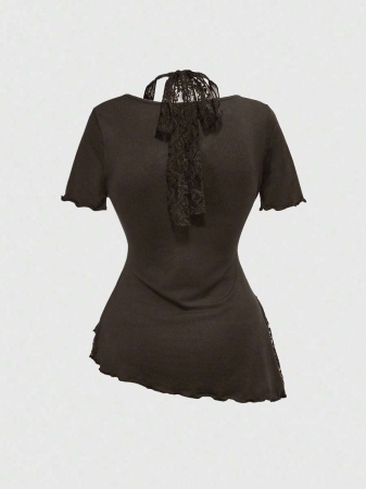 ROMWE Women's Lace Patchwork Asymmetrical Hem Lace Trim Halter Tie Waist T-Shirt - Image 8