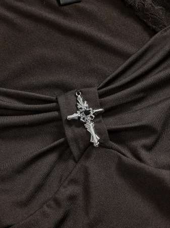 ROMWE Women's Lace Patchwork Asymmetrical Hem Lace Trim Halter Tie Waist T-Shirt - Image 9