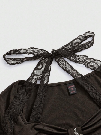 ROMWE Women's Lace Patchwork Asymmetrical Hem Lace Trim Halter Tie Waist T-Shirt - Image 10