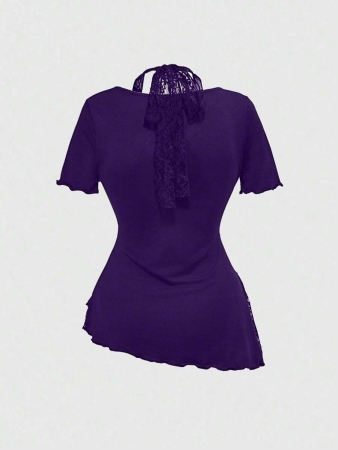 ROMWE Women's Lace Patchwork Asymmetrical Hem Lace Trim Halter Tie Waist T-Shirt - Image 12