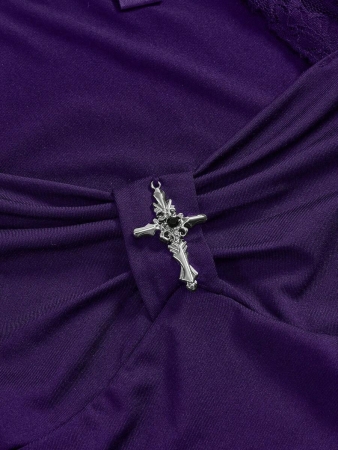 ROMWE Women's Lace Patchwork Asymmetrical Hem Lace Trim Halter Tie Waist T-Shirt - Image 13