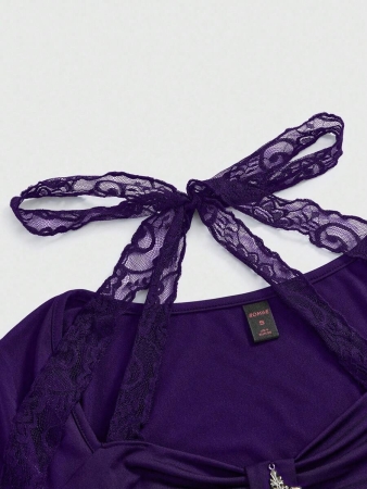 ROMWE Women's Lace Patchwork Asymmetrical Hem Lace Trim Halter Tie Waist T-Shirt - Image 14