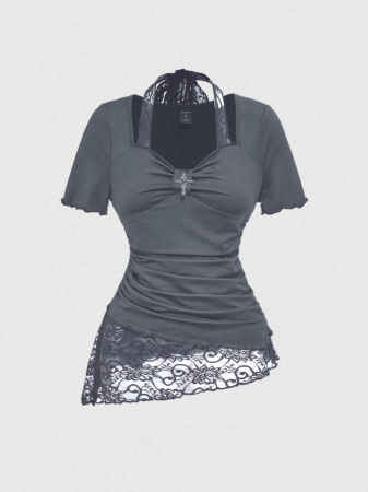 ROMWE Women's Lace Patchwork Asymmetrical Hem Lace Trim Halter Tie Waist T-Shirt - Image 15