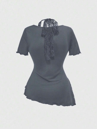 ROMWE Women's Lace Patchwork Asymmetrical Hem Lace Trim Halter Tie Waist T-Shirt - Image 16