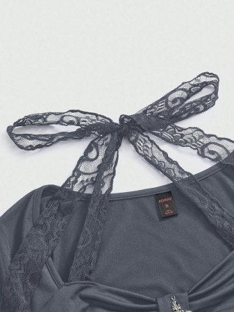 ROMWE Women's Lace Patchwork Asymmetrical Hem Lace Trim Halter Tie Waist T-Shirt - Image 18