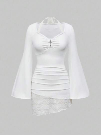 ROMWE Women's Lace Patchwork Asymmetrical Hem Lace Trim Halter Tie Flare Sleeve Fitted T-Shirt