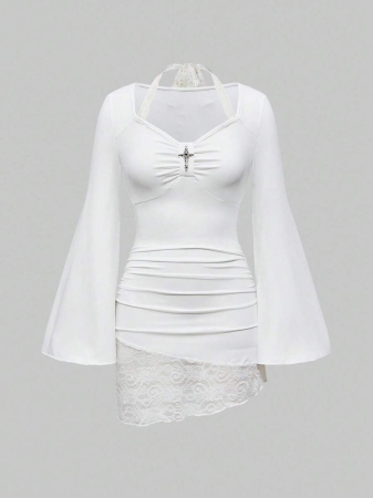 ROMWE Women's Lace Patchwork Asymmetrical Hem Lace Trim Halter Tie Flare Sleeve Fitted T-Shirt - Image 2