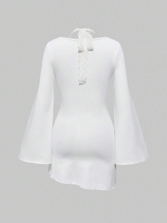 ROMWE Women's Lace Patchwork Asymmetrical Hem Lace Trim Halter Tie Flare Sleeve Fitted T-Shirt - Image 3