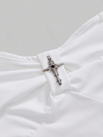 ROMWE Women's Lace Patchwork Asymmetrical Hem Lace Trim Halter Tie Flare Sleeve Fitted T-Shirt - Image 4