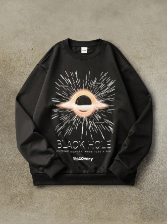 Discovery X SHEIN Men's Letter & Graphic Print Crew Neck Long Sleeve Pullover Sweatshirt, 2000s Style , Fall - Image 2