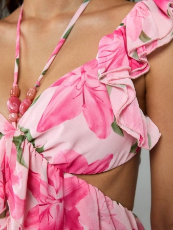 ROMWE Avant Orange Floral Print Ruffle Hem Sheer Beach Resort Y2K Aesthetic Blouse For Women - Image 3