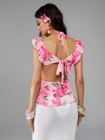 ROMWE Avant Orange Floral Print Ruffle Hem Sheer Beach Resort Y2K Aesthetic Blouse For Women - Image 4