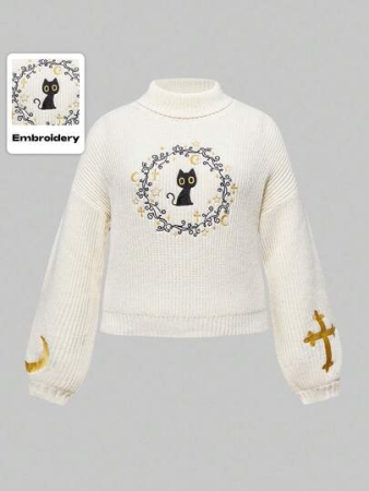 ROMWE Fairycore Plus Size Women Autumn/Winter Cat & Moon Embroidery Drop Shoulder Half-Turtleneck Sweater, Halloween Long Sleeve Pullover Sweater