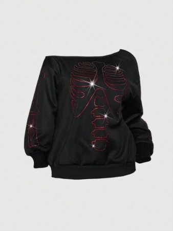 ROMWE Goth Plus Size Women Gothic Skull Rhinestone Decor Oblique Shoulder Sweatshirt, Thermal Lined For Christmas