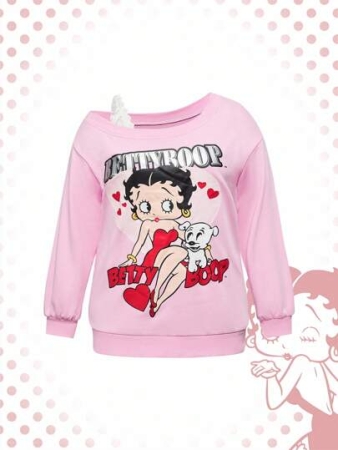 Betty Boop | ROMWE Plus Size Cartoon Figure Graphic Contrast Lace Asymmetrical Neck Loose Sweatshirt