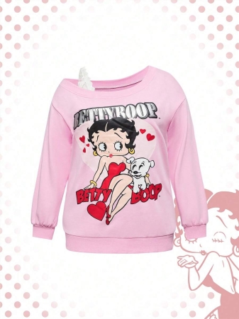Betty Boop | ROMWE Plus Size Cartoon Figure Graphic Contrast Lace Asymmetrical Neck Loose Sweatshirt - Image 2