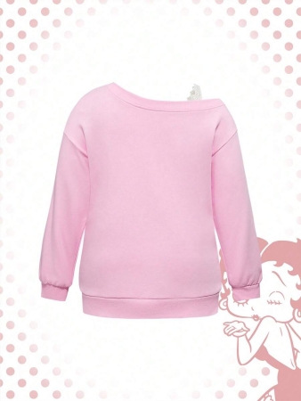 Betty Boop | ROMWE Plus Size Cartoon Figure Graphic Contrast Lace Asymmetrical Neck Loose Sweatshirt - Image 3
