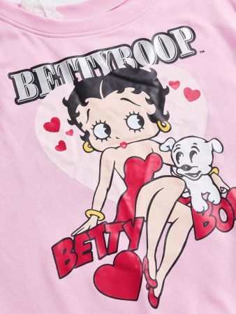 Betty Boop | ROMWE Plus Size Cartoon Figure Graphic Contrast Lace Asymmetrical Neck Loose Sweatshirt - Image 4