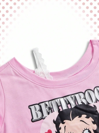 Betty Boop | ROMWE Plus Size Cartoon Figure Graphic Contrast Lace Asymmetrical Neck Loose Sweatshirt - Image 5