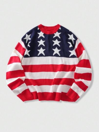 ROMWE MEN Street Life Men's Pentagram Star Stripe Jacquard Knit Long Sleeve Sweater , Fall Winter