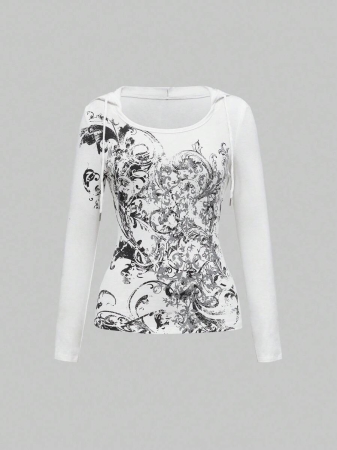 ROMWE Grunge Punk Punk Street Tie-Dye Vintage Cross Sexy Asymmetrical Shoulder Graphic T-Shirt For Women - Image 2