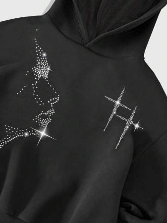 ROMWE MEN Street Life Men's Rhinestone Embellished Cross Figure Print Casual Loose Fit Hoodie Sweatshirt, Autumn - Image 3