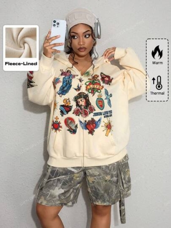 ROMWE Street Life Y2K Halloween Street Style Plus Size Open Front Sweatshirt With Colorful Virgin Mary Cross Print, Plus Size