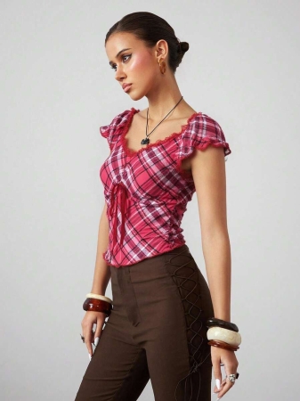 ROMWE J-Fashion Women's Contrast Lace Sweetheart Neck Tie Front Plaid Dolman Sleeve Fashionable T-Shirt - Image 4