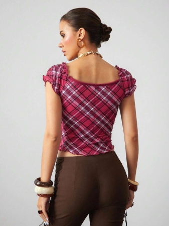 ROMWE J-Fashion Women's Contrast Lace Sweetheart Neck Tie Front Plaid Dolman Sleeve Fashionable T-Shirt - Image 5