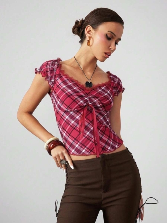 ROMWE J-Fashion Women's Contrast Lace Sweetheart Neck Tie Front Plaid Dolman Sleeve Fashionable T-Shirt - Image 6