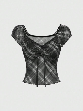 ROMWE J-Fashion Women's Contrast Lace Sweetheart Neck Tie Front Plaid Dolman Sleeve Fashionable T-Shirt - Image 8