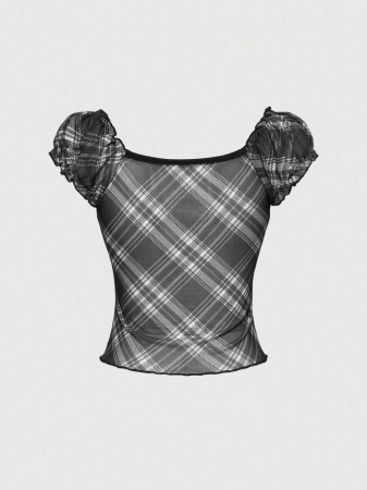 ROMWE J-Fashion Women's Contrast Lace Sweetheart Neck Tie Front Plaid Dolman Sleeve Fashionable T-Shirt - Image 9