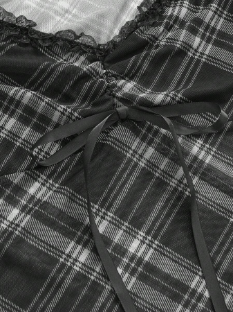 ROMWE J-Fashion Women's Contrast Lace Sweetheart Neck Tie Front Plaid Dolman Sleeve Fashionable T-Shirt - Image 10