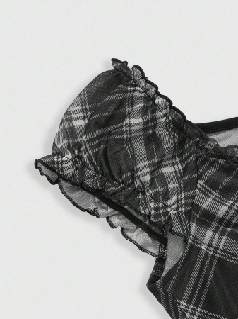 ROMWE J-Fashion Women's Contrast Lace Sweetheart Neck Tie Front Plaid Dolman Sleeve Fashionable T-Shirt - Image 11