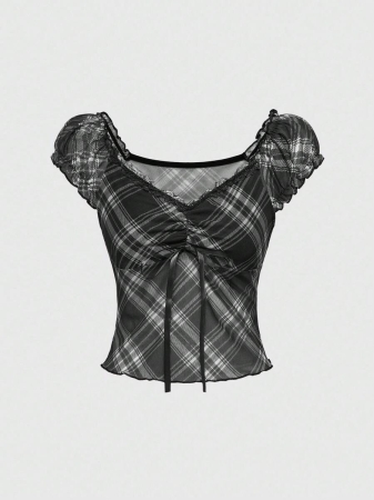 ROMWE J-Fashion Women's Contrast Lace Sweetheart Neck Tie Front Plaid Dolman Sleeve Fashionable T-Shirt - Image 13