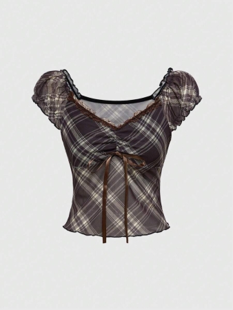 ROMWE J-Fashion Women's Contrast Lace Sweetheart Neck Tie Front Plaid Dolman Sleeve Fashionable T-Shirt - Image 15