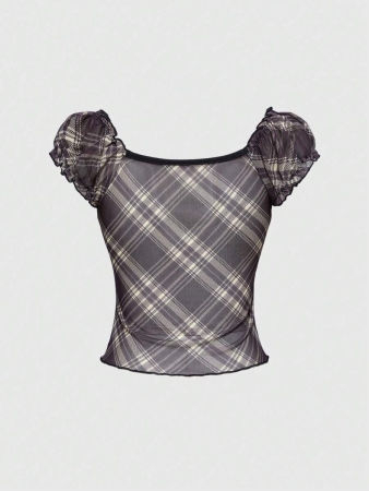 ROMWE J-Fashion Women's Contrast Lace Sweetheart Neck Tie Front Plaid Dolman Sleeve Fashionable T-Shirt - Image 16