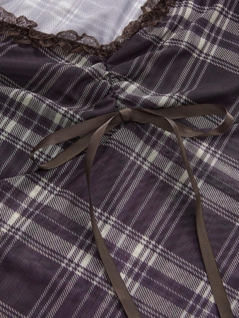 ROMWE J-Fashion Women's Contrast Lace Sweetheart Neck Tie Front Plaid Dolman Sleeve Fashionable T-Shirt - Image 17