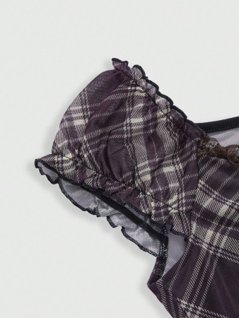 ROMWE J-Fashion Women's Contrast Lace Sweetheart Neck Tie Front Plaid Dolman Sleeve Fashionable T-Shirt - Image 18