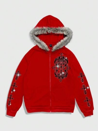 ROMWE MEN Goth Men's Hooded Fur Collar Vintage Cross Graphic Casual Versatile Sweatshirt Sweatshirt