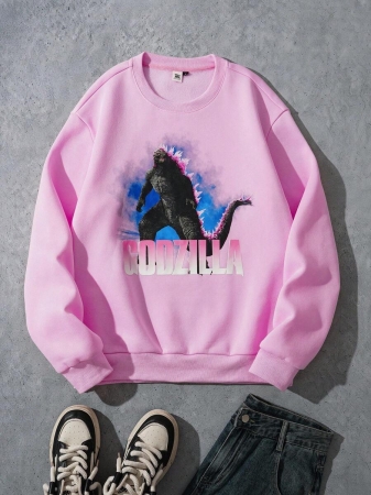 GODZILLAxKONG X SHEIN Men's Casual Everyday Letter & Monster Graphic Crew Neck Sweatshirt - Image 2