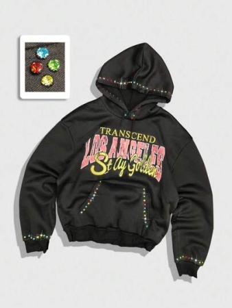 ROMWE MEN Street Life Men's Autumn Slogan Print Long Sleeve Pocket Rhinestone Decor Drawstring Hoodie