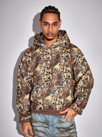 ROMWE MEN Street Life Men's Fashionable Animal Print Loose Fit Hoodie Sweatshirt - Image 4