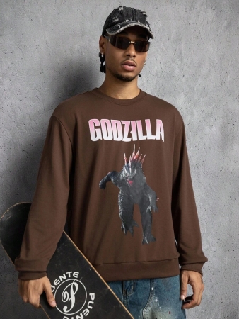 GODZILLAxKONG X SHEIN Men's Monster & Letter Graphic Crew Neck Long Sleeve Pullover Sweatshirt - Image 2