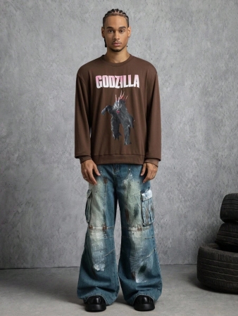 GODZILLAxKONG X SHEIN Men's Monster & Letter Graphic Crew Neck Long Sleeve Pullover Sweatshirt - Image 4