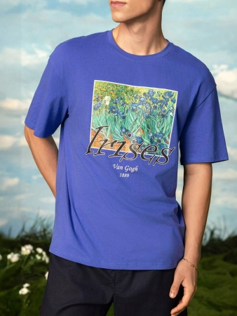 SHEIN Touch of Art Men's Blue Round Neck Iris Floral Pattern Short Sleeve T-Shirt - Image 6