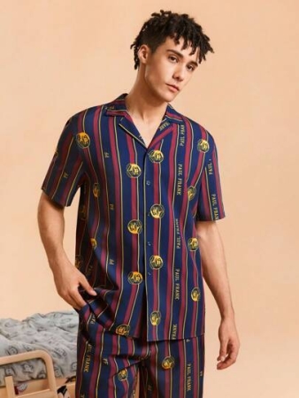 Paul Frank X SHEIN Men's Color Block Striped & Cartoon Pattern Button Front Short Sleeve Top And Shorts Loungewear Set
