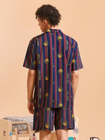 Paul Frank X SHEIN Men's Color Block Striped & Cartoon Pattern Button Front Short Sleeve Top And Shorts Loungewear Set - Image 3