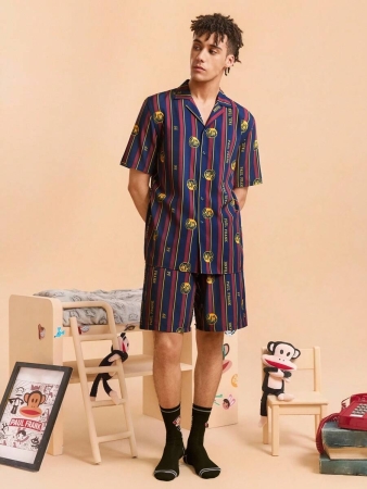 Paul Frank X SHEIN Men's Color Block Striped & Cartoon Pattern Button Front Short Sleeve Top And Shorts Loungewear Set - Image 4